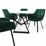 Set masa cu scaune bucatarie, dining, living, sufragerie, blat alb cu picioare metalice, scaune husa catifea verde, 4 persoane, ADELA - BUZ.RO