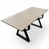 Set masa cu scaune bucatarie, dining, living, sufragerie, blat bej cu picioare metalice, scaune husa gri ,4 persoane, DANA - BUZ.RO