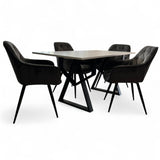 Set masa cu scaune bucatarie, dining, living, sufragerie, blat bej cu picioare metalice, scaune husa gri ,4 persoane, DANA - BUZ.RO