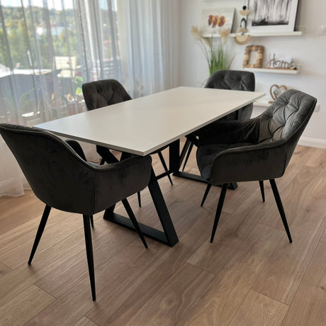 Set masa cu scaune bucatarie, dining, living, sufragerie, blat bej cu picioare metalice, scaune husa gri ,4 persoane, DANA - BUZ.RO