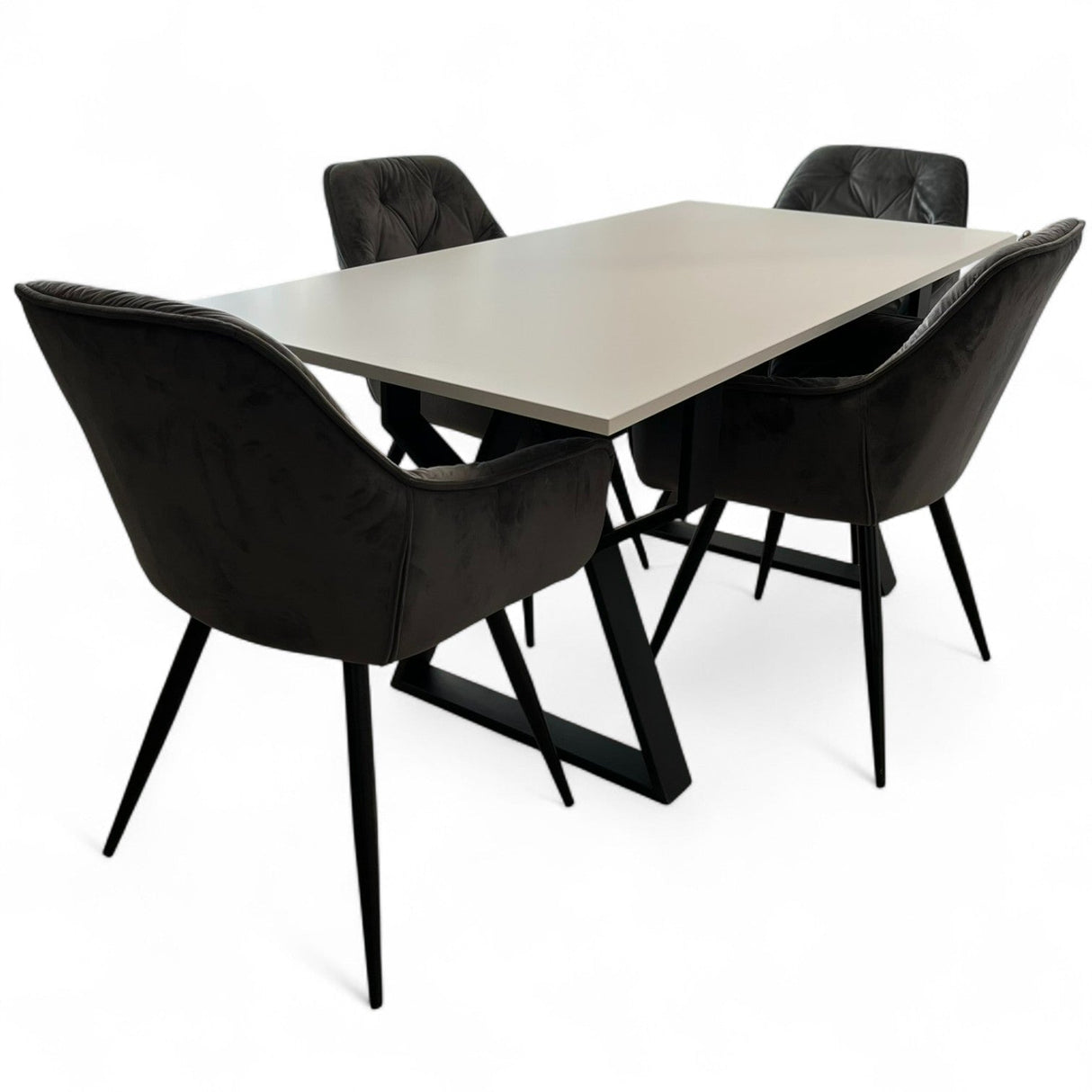 Set masa cu scaune bucatarie, dining, living, sufragerie, blat bej cu picioare metalice, scaune husa gri ,4 persoane, DANA - BUZ.RO