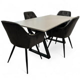 Set masa cu scaune bucatarie, dining, living, sufragerie, blat bej cu picioare metalice, scaune husa gri ,4 persoane, DANA - BUZ.RO