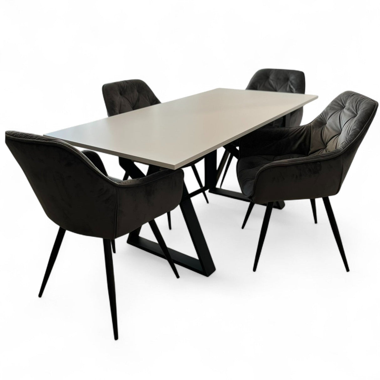 Set masa cu scaune bucatarie, dining, living, sufragerie, blat bej cu picioare metalice, scaune husa gri ,4 persoane, DANA - BUZ.RO