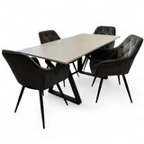 Set masa cu scaune bucatarie, dining, living, sufragerie, blat bej cu picioare metalice, scaune husa gri ,4 persoane, DANA - BUZ.RO