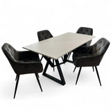 Set masa cu scaune bucatarie, dining, living, sufragerie, blat bej cu picioare metalice, scaune husa gri ,4 persoane, DANA - BUZ.RO