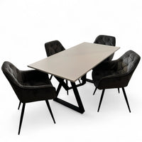 Set masa cu scaune bucatarie, dining, living, sufragerie, blat bej cu picioare metalice,  scaune husa gri ,4 persoane, DANA