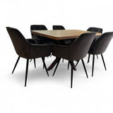 Set masa cu scaune bucatarie, dining, living, sufragerie, blat din lemn cu picioare metalice, scaune husa catifea gri, 4 persoane, Lavinia - BUZ.RO