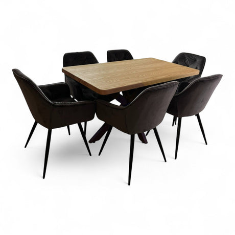 Set masa cu scaune bucatarie, dining, living, sufragerie, blat din lemn cu picioare metalice, scaune husa catifea gri, 4 persoane, Lavinia - BUZ.RO