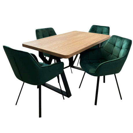 Set masa cu scaune bucatarie, dining, living, sufragerie, blat din lemn cu picioare metalice, scaune husa catifea verde, 4 persoane, MONA - BUZ.RO