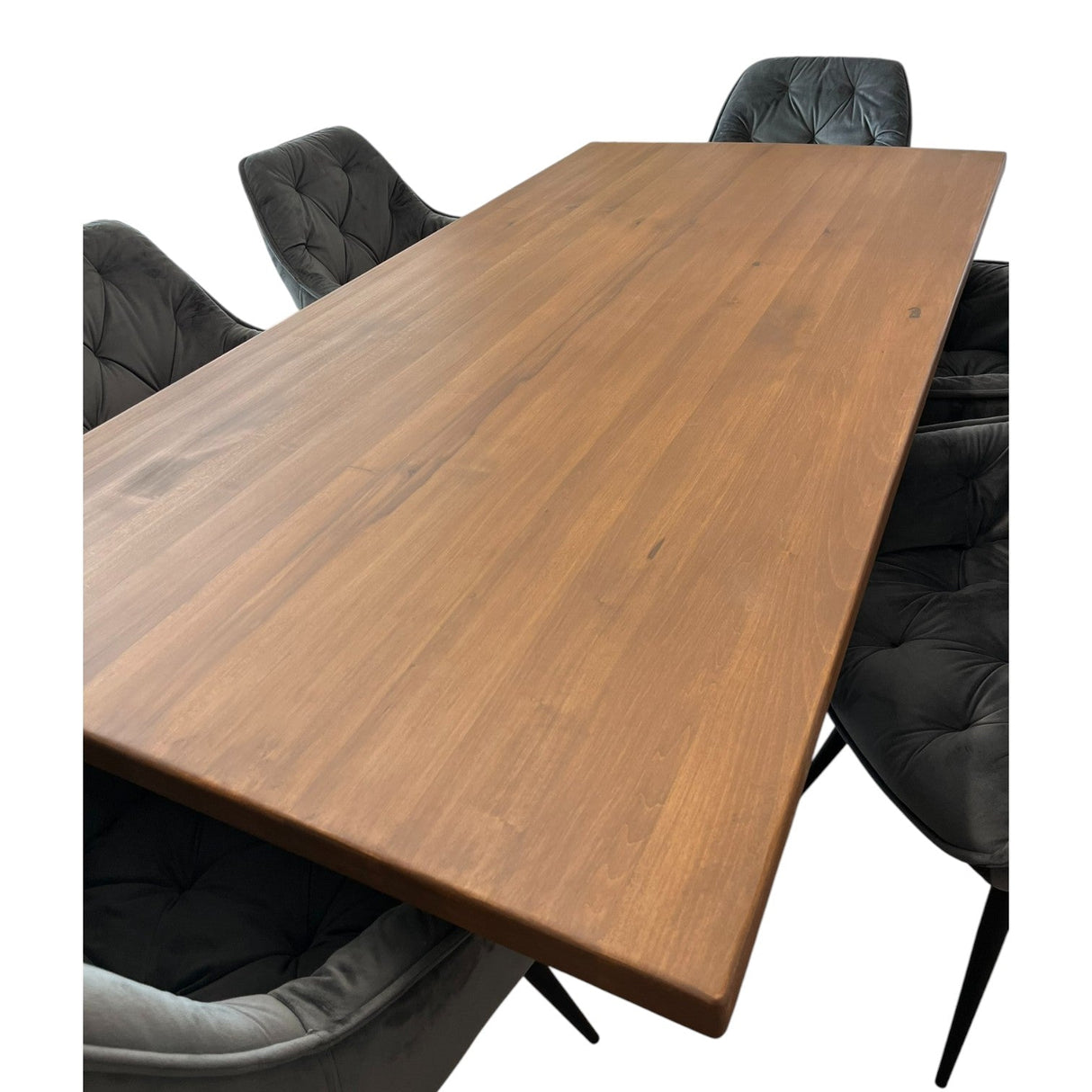 Set masa cu scaune bucatarie, dining, living, sufragerie, blat din lemn cu picioare metalice, scaune husa gri, 6 persoane, SABRINA - BUZ.RO