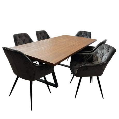 Set masa cu scaune bucatarie, dining, living, sufragerie, blat din lemn cu picioare metalice, scaune husa gri, 6 persoane, SABRINA - BUZ.RO