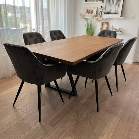 Set masa cu scaune bucatarie, dining, living, sufragerie, blat din lemn cu picioare metalice, scaune husa gri, 6 persoane, SABRINA - BUZ.RO