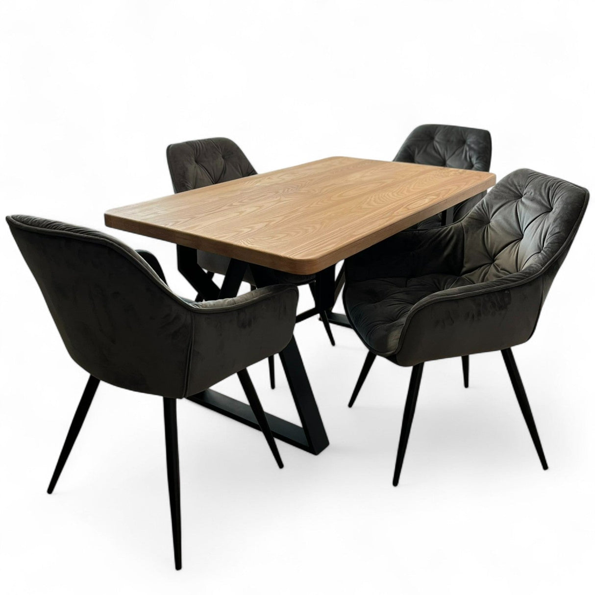 Set masa cu scaune bucatarie, dining, living, sufragerie, blat din lemn masiv cu picioare metalice, scaune gri, 4 persoane, MIA - BUZ.RO