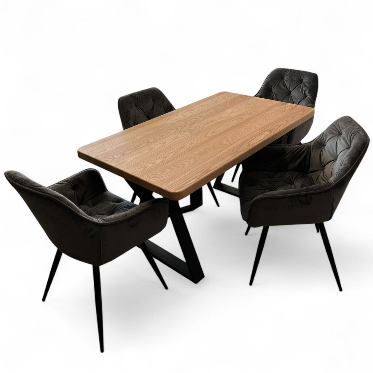 Set masa cu scaune bucatarie, dining, living, sufragerie, blat din lemn masiv cu picioare metalice, scaune gri, 4 persoane, MIA - BUZ.RO