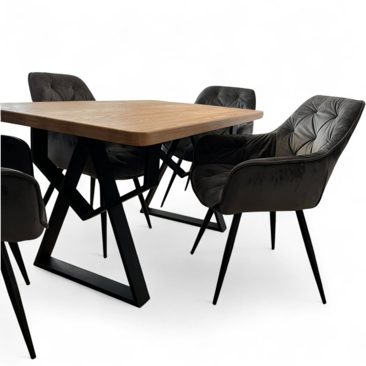 Set masa cu scaune bucatarie, dining, living, sufragerie, blat din lemn masiv cu picioare metalice, scaune gri, 4 persoane, MIA - BUZ.RO