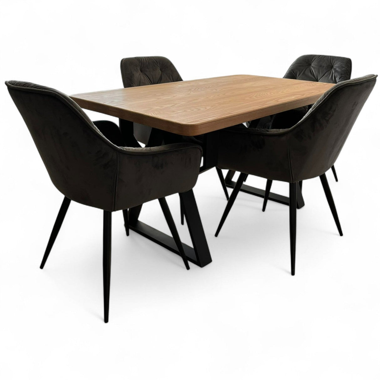 Set masa cu scaune bucatarie, dining, living, sufragerie, blat din lemn masiv cu picioare metalice, scaune gri, 4 persoane, MIA - BUZ.RO