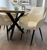 Set masa cu scaune bucatarie, dining, living, sufragerie, blat din lemn masiv frasin cu picioare metalice, scaune husa crem, 4 persoane, Diana - BUZ.RO