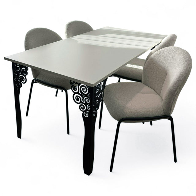 Set masa cu scaune bucatarie, dining, living, sufragerie, blat din pal alb cu picioare metalice, scaune husa plus alb, 4 persoane, Cristina - BUZ.RO