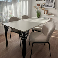 Set masa cu scaune bucatarie, dining, living, sufragerie, blat din pal alb cu picioare metalice, scaune husa plus alb, 4 persoane, Cristina