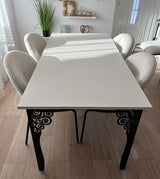 Set masa cu scaune bucatarie, dining, living, sufragerie, blat din pal alb cu picioare metalice, scaune husa plus alb, 4 persoane, Cristina - BUZ.RO