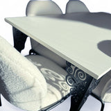 Set masa cu scaune bucatarie, dining, living, sufragerie, blat din pal cu picioare metalice negre, scaune husa plus alb, 6 persoane, Nicoleta - BUZ.RO