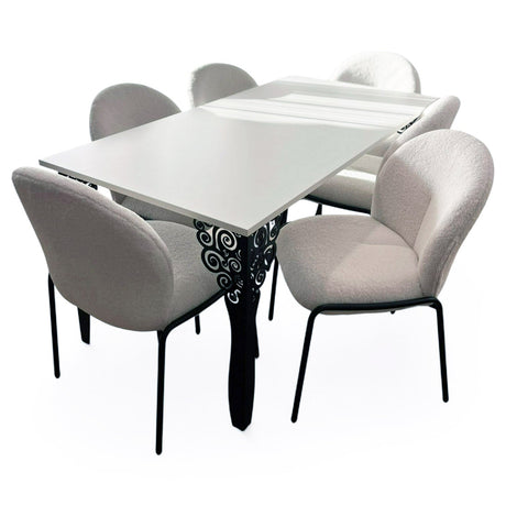 Set masa cu scaune bucatarie, dining, living, sufragerie, blat din pal cu picioare metalice negre, scaune husa plus alb, 6 persoane, Nicoleta - BUZ.RO