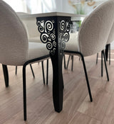 Set masa cu scaune bucatarie, dining, living, sufragerie, blat din pal cu picioare metalice negre, scaune husa plus alb, 6 persoane, Nicoleta - BUZ.RO