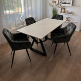 Set masa cu scaune bucatarie, dining, living, sufragerie, blat din pal cu picioare metalice, scaune husa catifea gri, 4 persoane, Alina - BUZ.RO