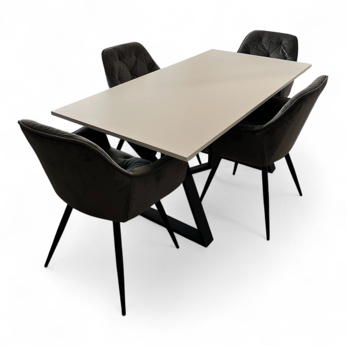 Set masa cu scaune bucatarie, dining, living, sufragerie, blat din pal cu picioare metalice, scaune husa catifea gri, 4 persoane, Alina - BUZ.RO