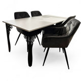 Set masa cu scaune bucatarie, dining, living, sufragerie, blat din pal cu picioare metalice, scaune husa catifea gri, 4 persoane, Antonia - BUZ.RO