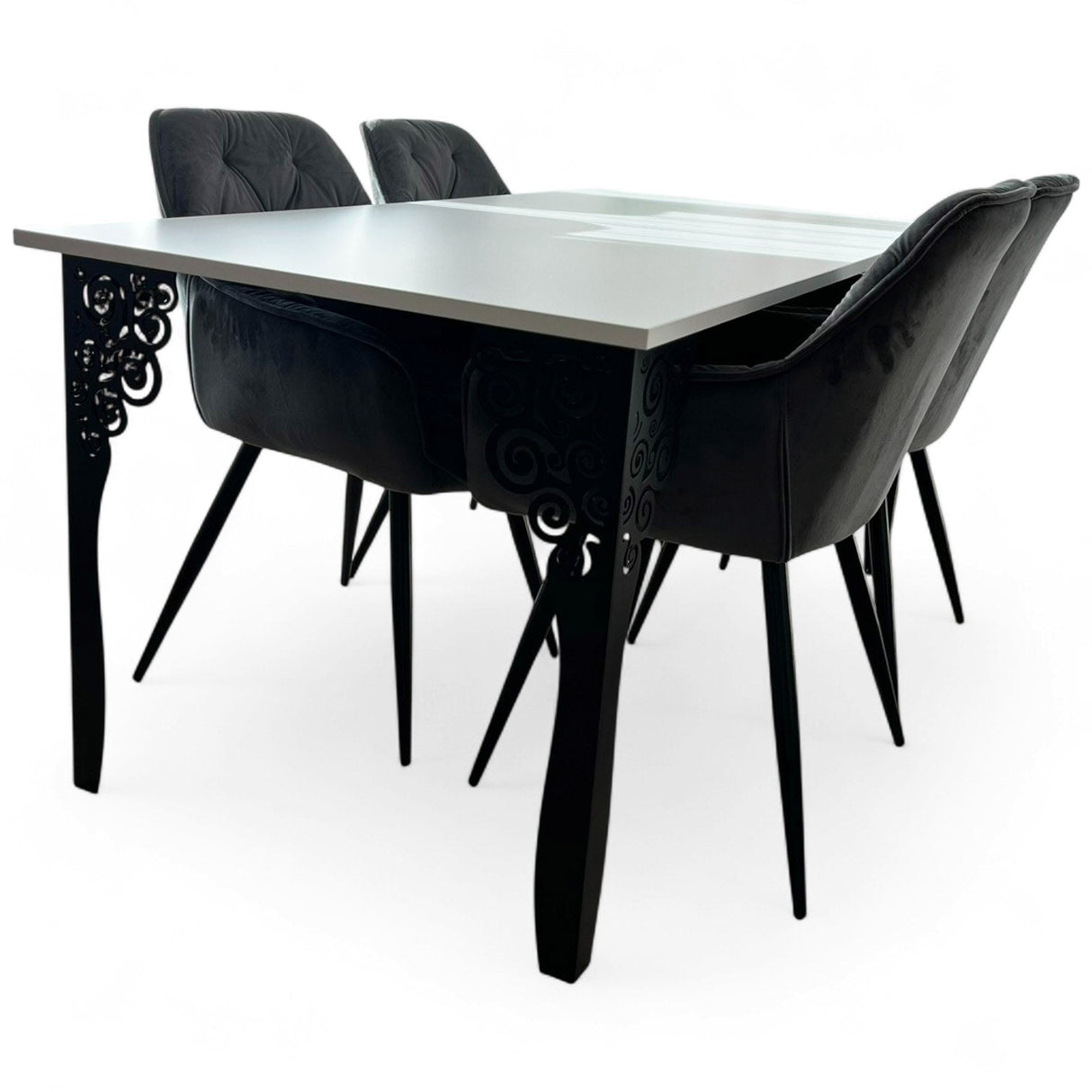 Set masa cu scaune bucatarie, dining, living, sufragerie, blat din pal cu picioare metalice, scaune husa catifea gri, 4 persoane, Antonia - BUZ.RO