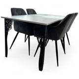 Set masa cu scaune bucatarie, dining, living, sufragerie, blat din pal cu picioare metalice, scaune husa catifea gri, 4 persoane, Antonia - BUZ.RO