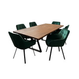 Set masa cu scaune bucatarie, dining,living, sufragerie, blat din lemn masiv cu picioare metalice moderne, scaune husa catifea verde, 6 persoane, set Maria - BUZ.RO