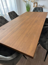 Set masa cu scaune bucatarie, dining,living, sufragerie, blat din lemn masiv cu picioare metalice moderne, scaune husa catifea verde, 6 persoane, set Maria - BUZ.RO