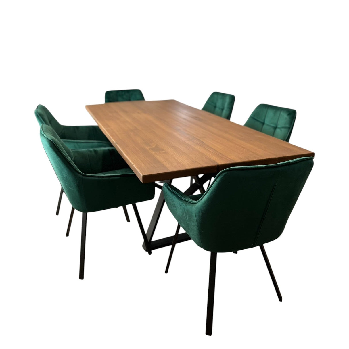 Set masa cu scaune bucatarie, dining,living, sufragerie, blat din lemn masiv cu picioare metalice moderne, scaune husa catifea verde, 6 persoane, set Maria - BUZ.RO