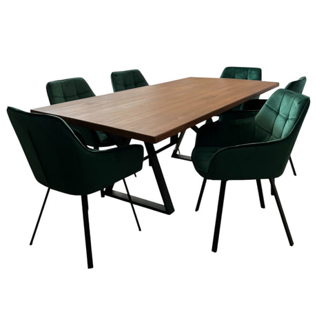Set masa cu scaune bucatarie, dining,living, sufragerie, blat din lemn masiv cu picioare metalice moderne, scaune husa catifea verde, 6 persoane, set Maria - BUZ.RO