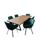 Set masa cu scaune bucatarie, dining,living, sufragerie, blat din lemn masiv cu picioare metalice moderne, scaune husa catifea verde, 6 persoane, set Maria - BUZ.RO