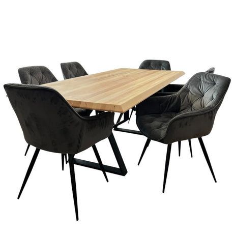 Set masa cu scaune bucatarie, dining,living, sufragerie, blat din lemn masiv cu picioare metalice moderne,scaune gri, 6 persoane, set Bianca - BUZ.RO