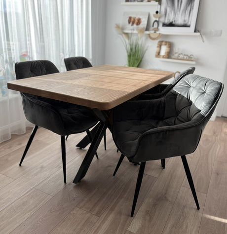 Set masa cu scaune bucatarie, dining,living, sufragerie, blat din lemn masiv cu picioare metalice, scaune husa gri, 4 - 6 persoane, Olivia - BUZ.RO