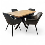 Set masa cu scaune bucatarie, dining,living, sufragerie, blat din lemn masiv cu picioare metalice, scaune husa gri, 4 - 6 persoane, Olivia - BUZ.RO