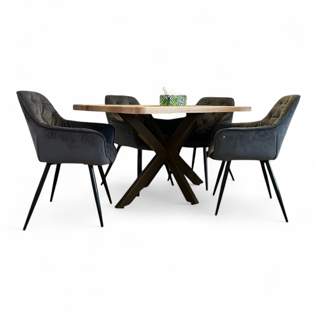 Set masa cu scaune bucatarie, dining,living, sufragerie, blat din lemn masiv cu picioare metalice, scaune husa gri, 4 - 6 persoane, Olivia - BUZ.RO