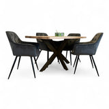 Set masa cu scaune bucatarie, dining,living, sufragerie, blat din lemn masiv cu picioare metalice, scaune husa gri, 4 - 6 persoane, Olivia - BUZ.RO