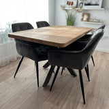 Set masa cu scaune bucatarie, dining,living, sufragerie, blat din lemn masiv cu picioare metalice, scaune husa gri, 4 - 6 persoane, Olivia - BUZ.RO