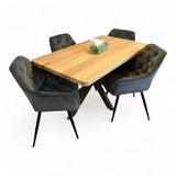Set masa cu scaune bucatarie, dining,living, sufragerie, blat din lemn masiv cu picioare metalice, scaune husa gri, 4 - 6 persoane, Olivia - BUZ.RO