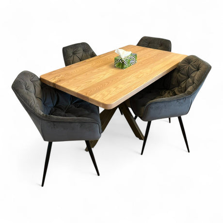 Set masa cu scaune bucatarie, dining,living, sufragerie, blat din lemn masiv cu picioare metalice, scaune husa gri, 4 - 6 persoane, Olivia - BUZ.RO