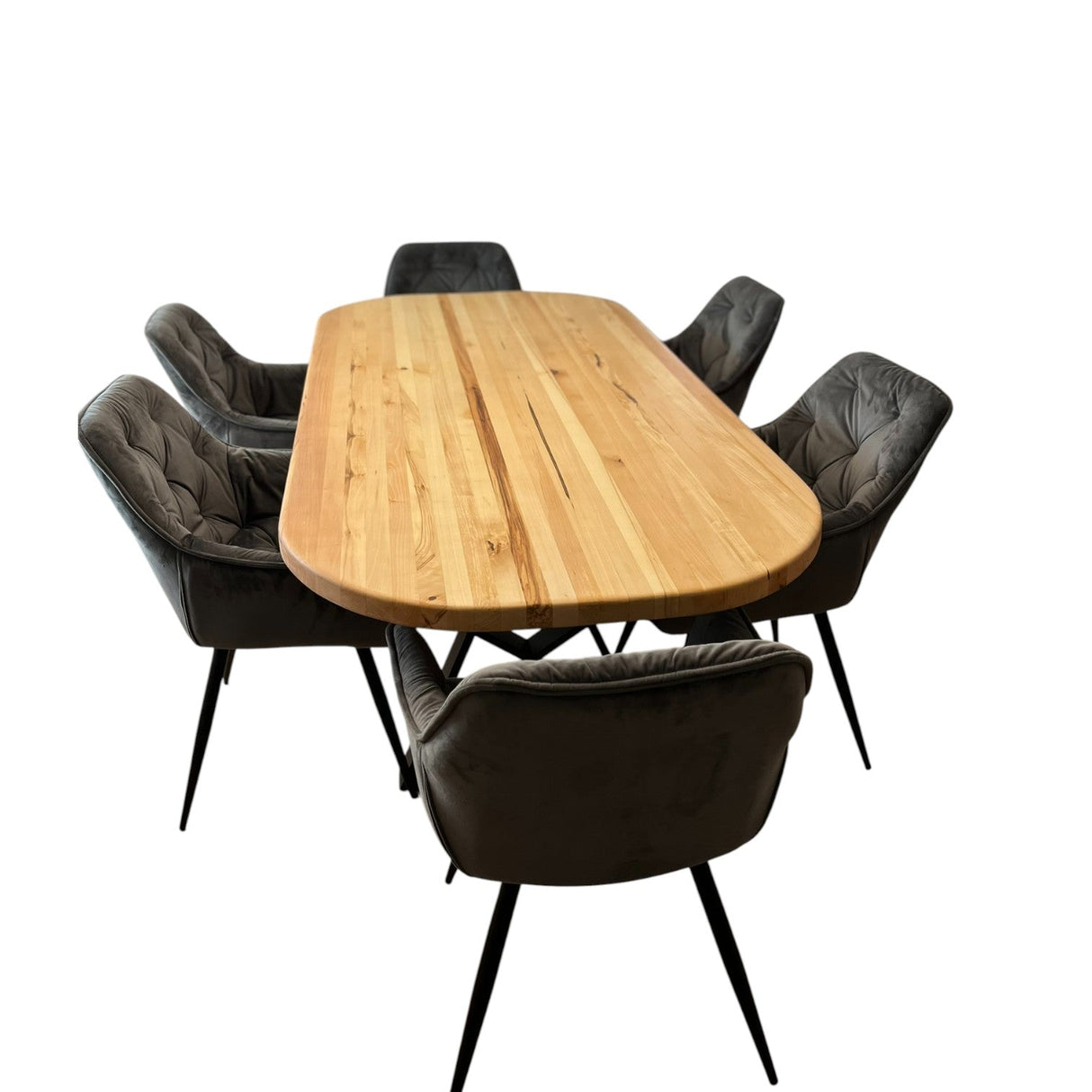 Set masa cu scaune bucatarie, dining,living, sufragerie, blat oval, din lemn masiv cu picioare metalice moderne,scaune gri, 6 persoane, set Cornelia - BUZ.RO