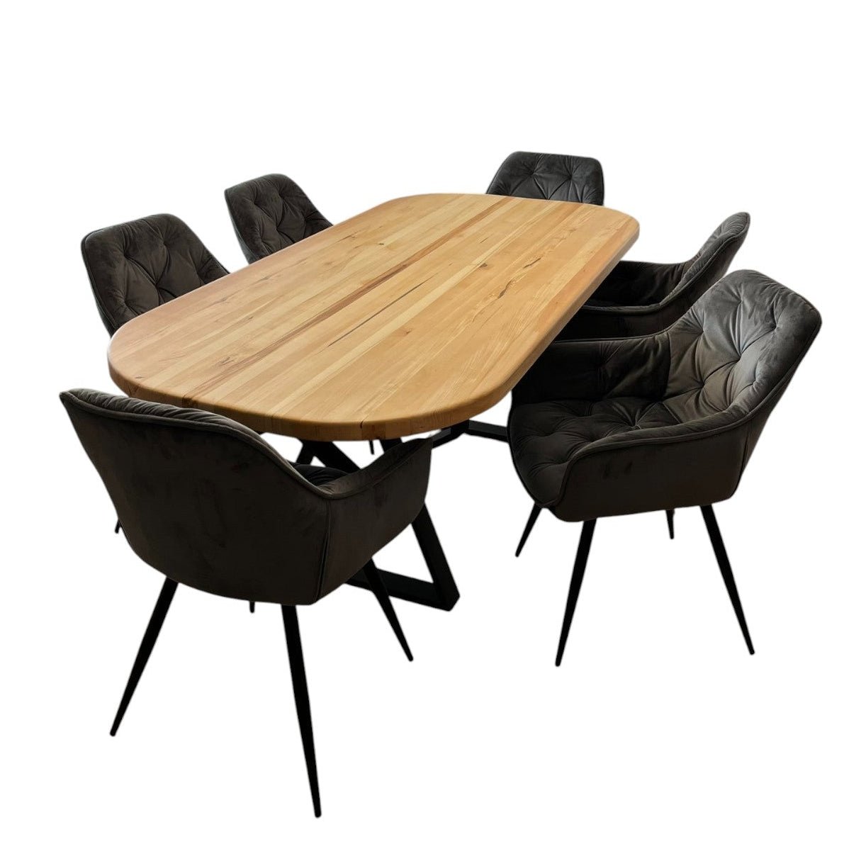 Set masa cu scaune bucatarie, dining,living, sufragerie, blat oval, din lemn masiv cu picioare metalice moderne,scaune gri, 6 persoane, set Cornelia - BUZ.RO