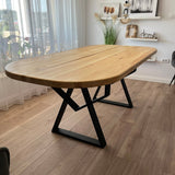 Set masa cu scaune bucatarie, dining,living, sufragerie, blat oval, din lemn masiv cu picioare metalice moderne,scaune gri, 6 persoane, set Cornelia - BUZ.RO