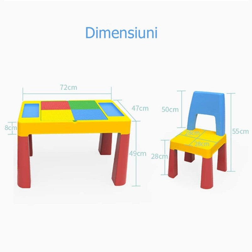 Masuta cu scaune copii, masa lego si 2 scaune, spatiu depozitare, picioare antiderapante, multicolor