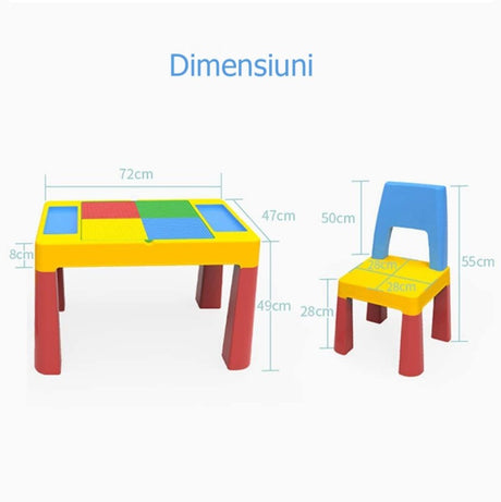 Masuta cu scaune copii, masa lego si 2 scaune, spatiu depozitare, picioare antiderapante, multicolor